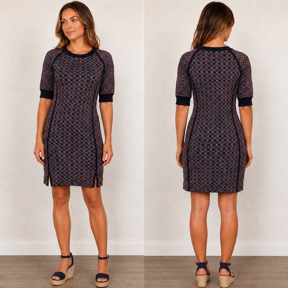 Juicy Couture SweaterKnit Dress SizeS Navy/Pink GeometricPrint SideSlits Stretch